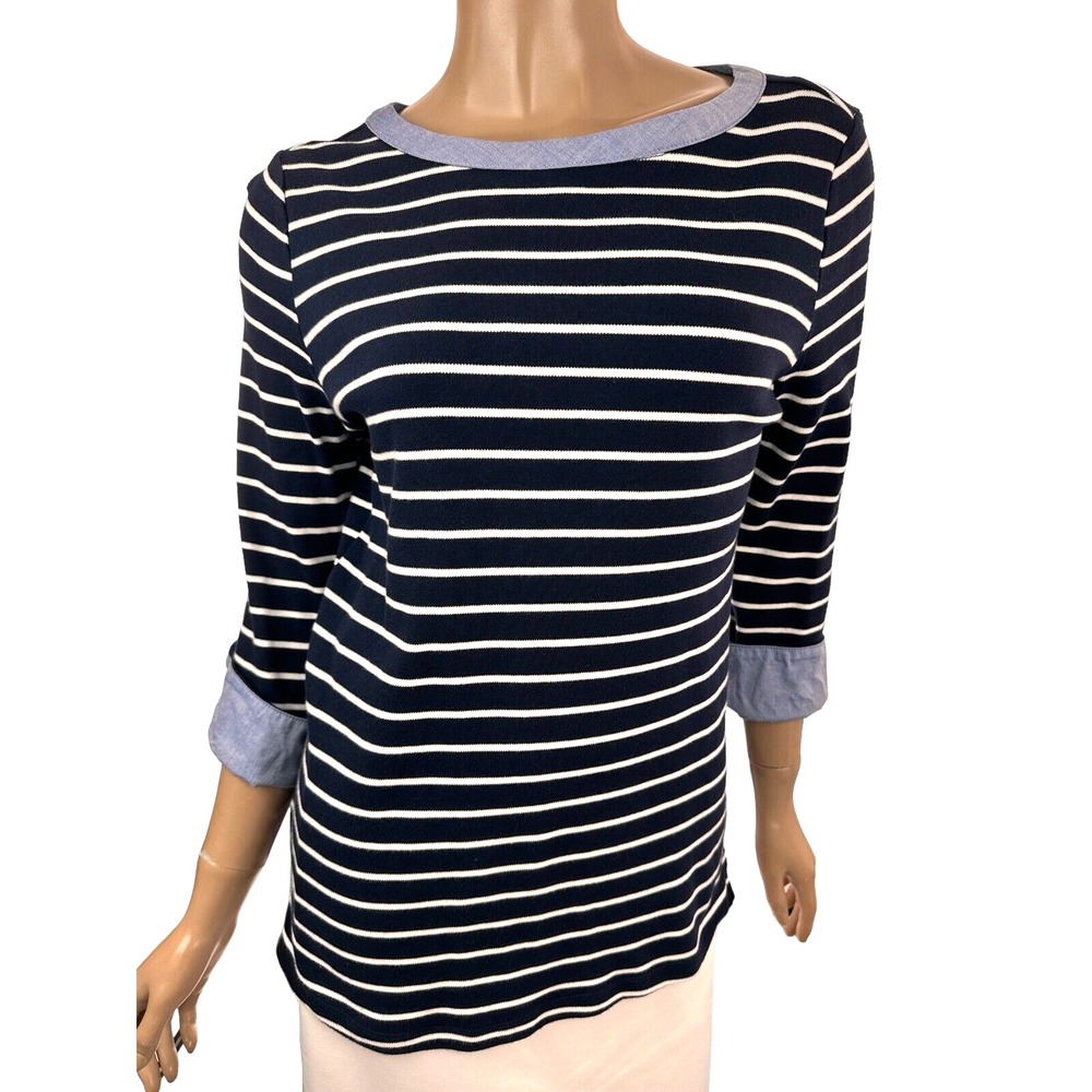 Nautica Women's Striped Cotton Knit Top Size M Chambray Trim Navy Blue/White
